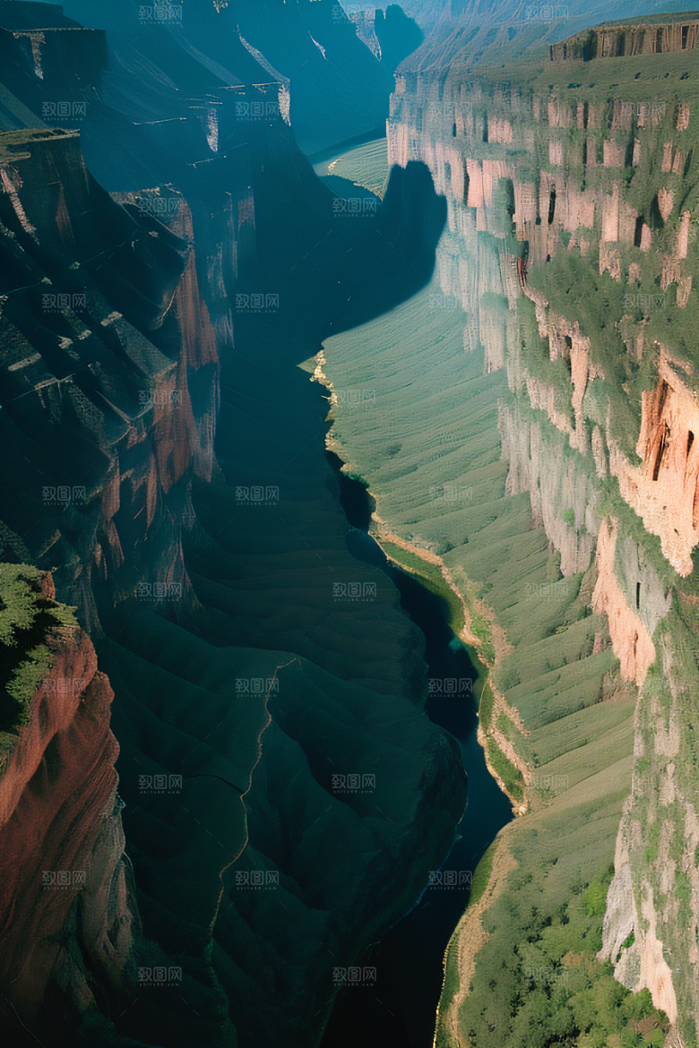 高空鸟瞰峡谷岩壁与绿树交相辉映