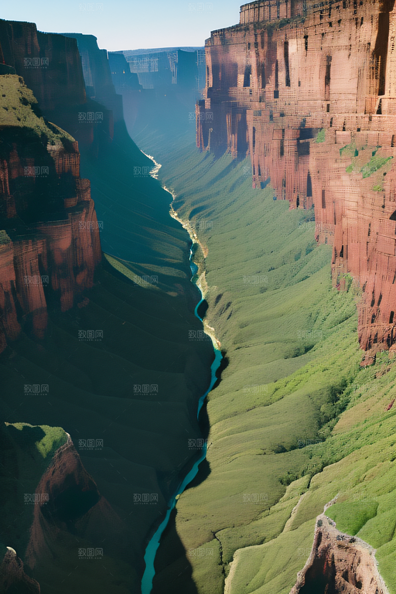 高空鸟瞰峡谷岩壁与绿树交相辉映