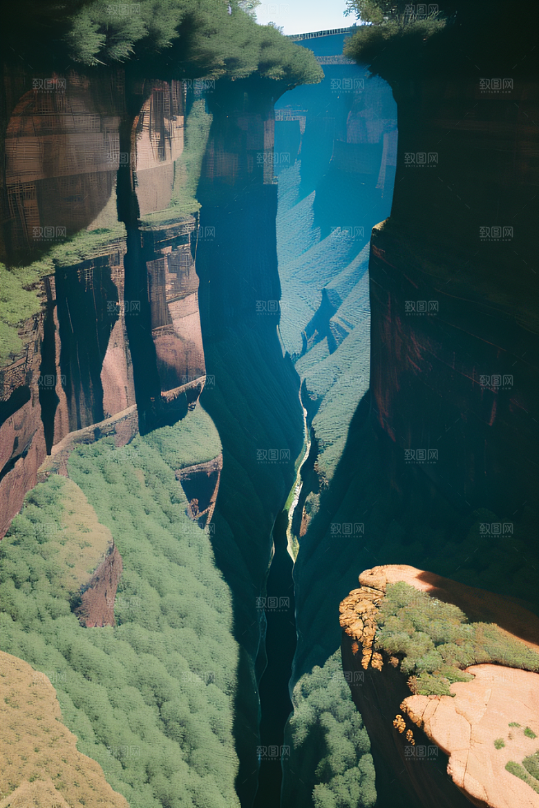 高空鸟瞰峡谷岩壁与绿树交相辉映