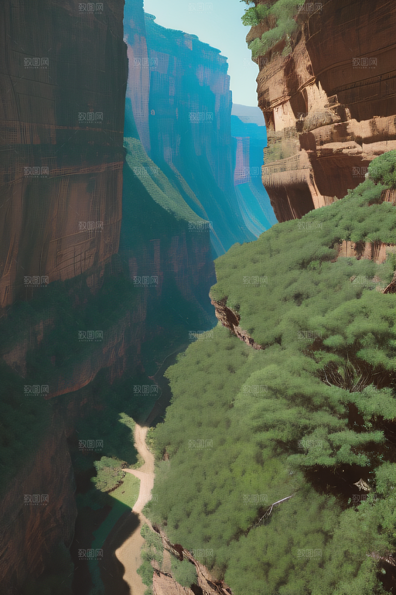 高空鸟瞰峡谷岩壁与绿树交相辉映