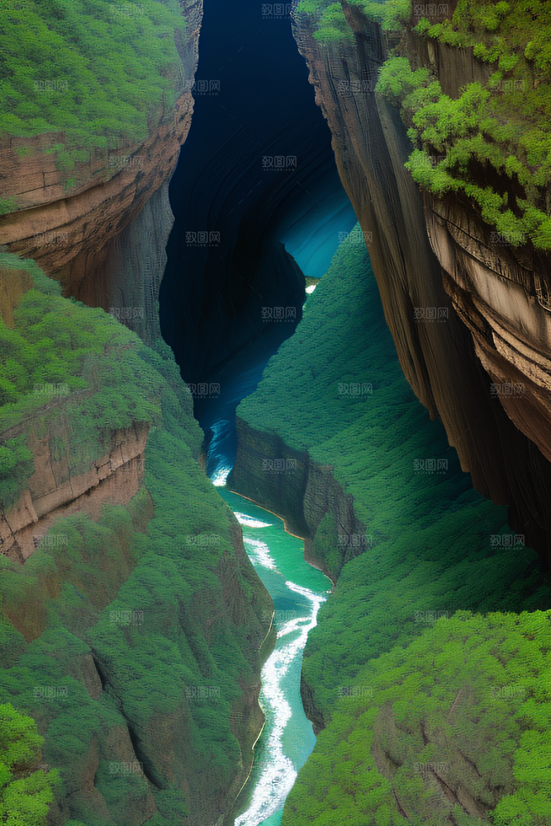 高空鸟瞰峡谷岩壁与绿树交相辉映