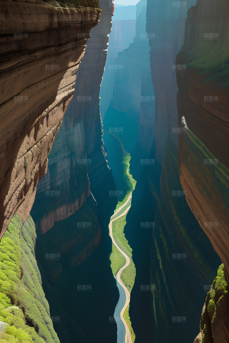 高空鸟瞰峡谷岩壁与绿树交相辉映