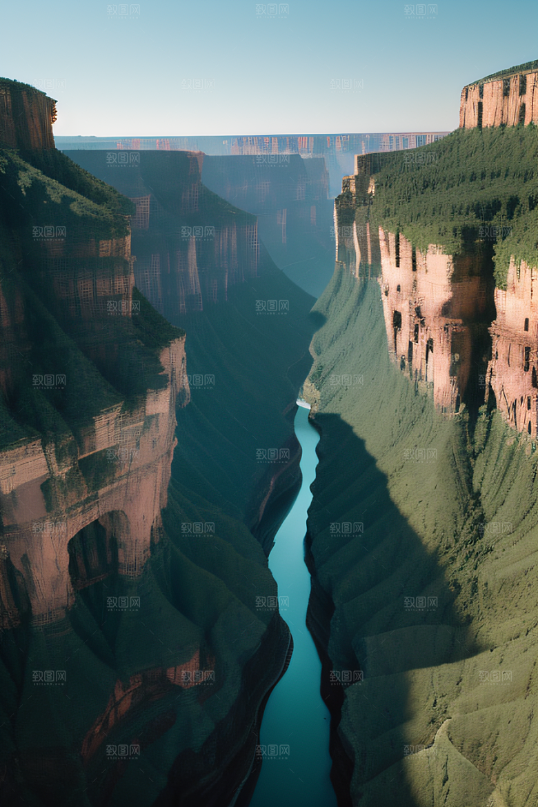 高空鸟瞰峡谷岩壁与绿树交相辉映