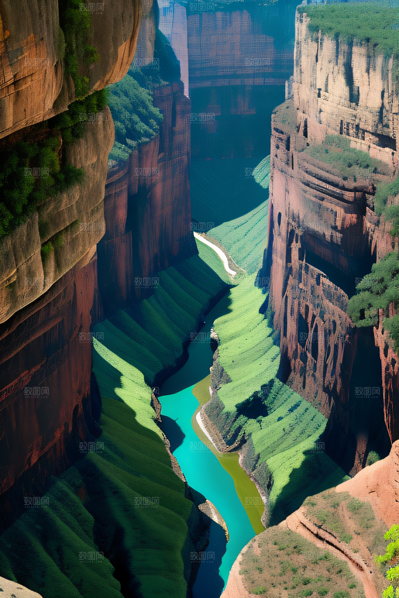 高空俯瞰的壮丽峡谷岩壁与森林交相辉映