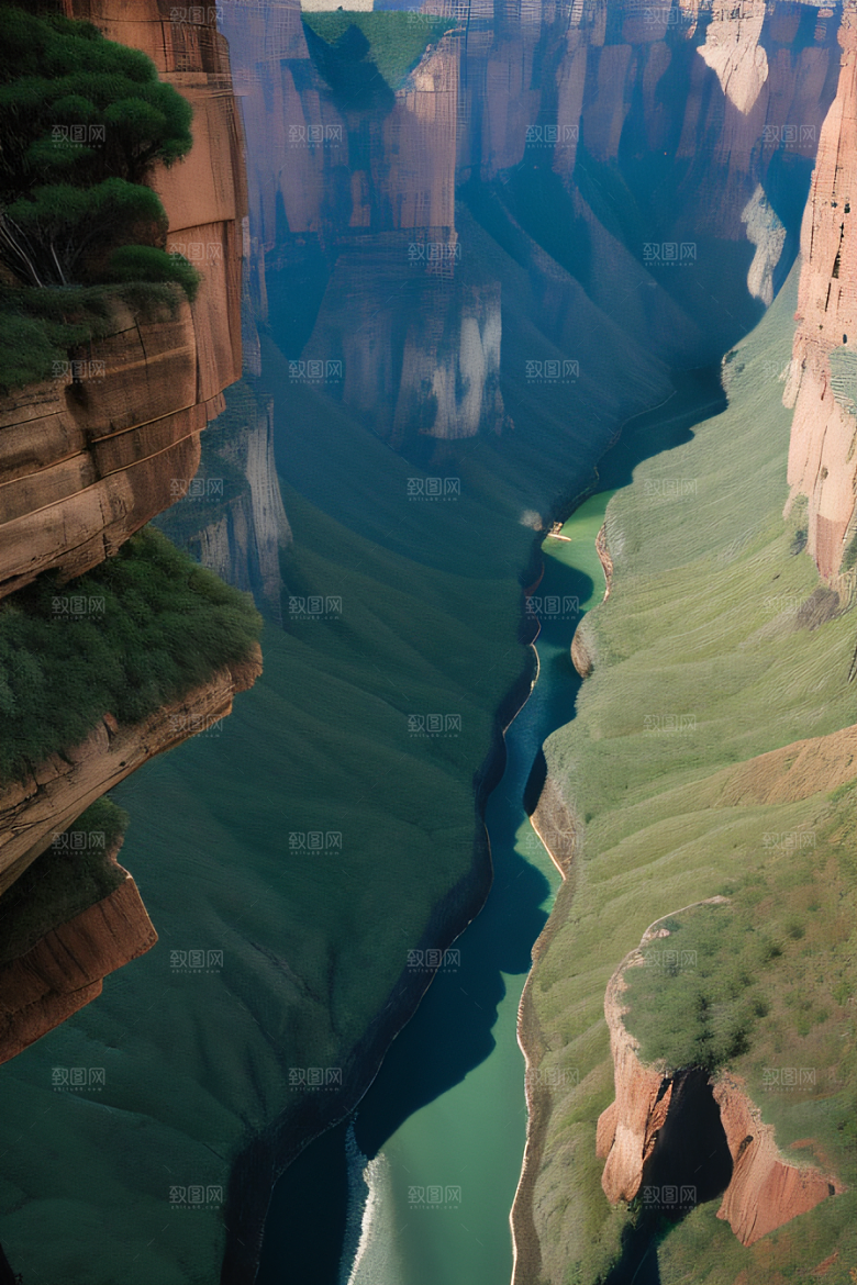 雄伟峡谷鸟瞰图岩壁与森林交相辉映