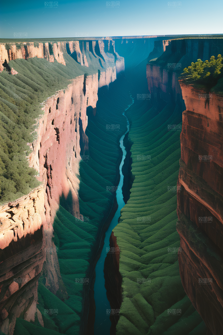 高空鸟瞰峡谷岩壁与绿树交相辉映