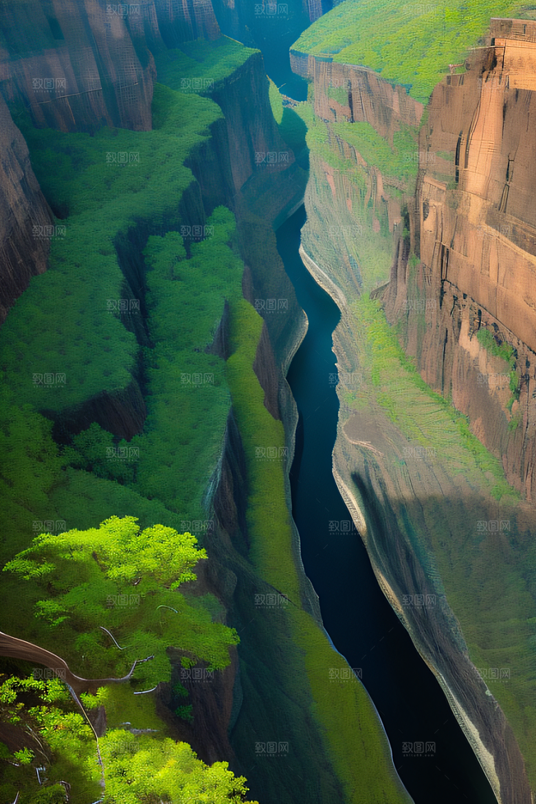 高空鸟瞰峡谷岩壁与绿树交相辉映