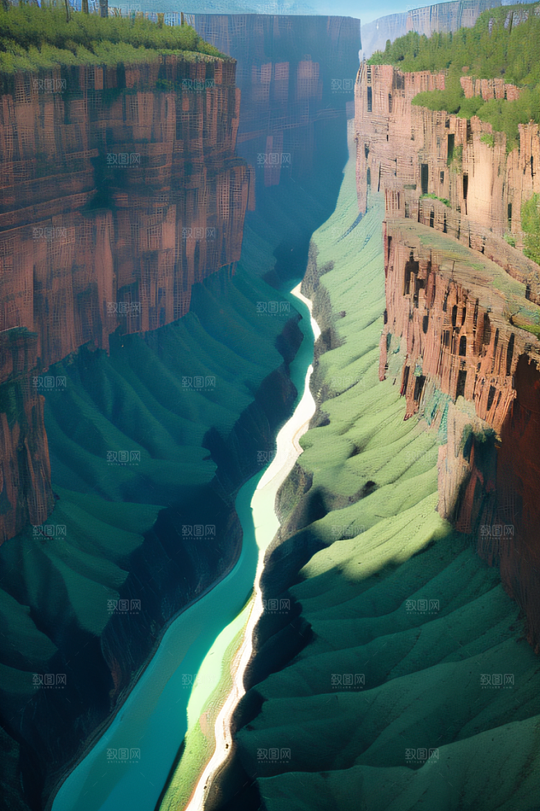 高空鸟瞰峡谷岩壁与绿树交相辉映