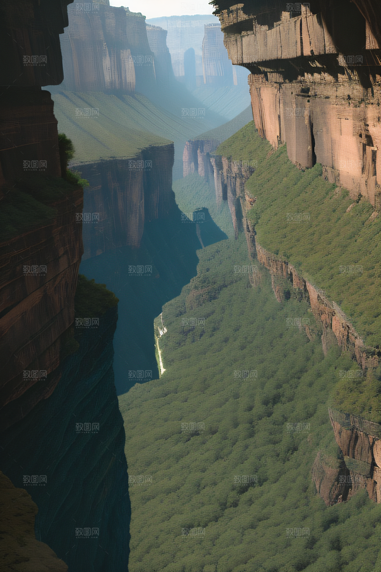 高空鸟瞰峡谷岩壁与绿树交相辉映