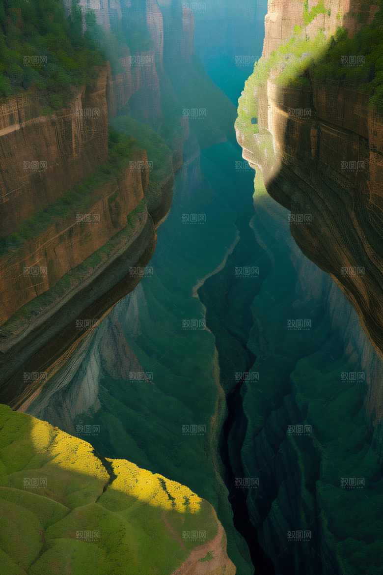 高空鸟瞰峡谷岩壁与绿树交相辉映