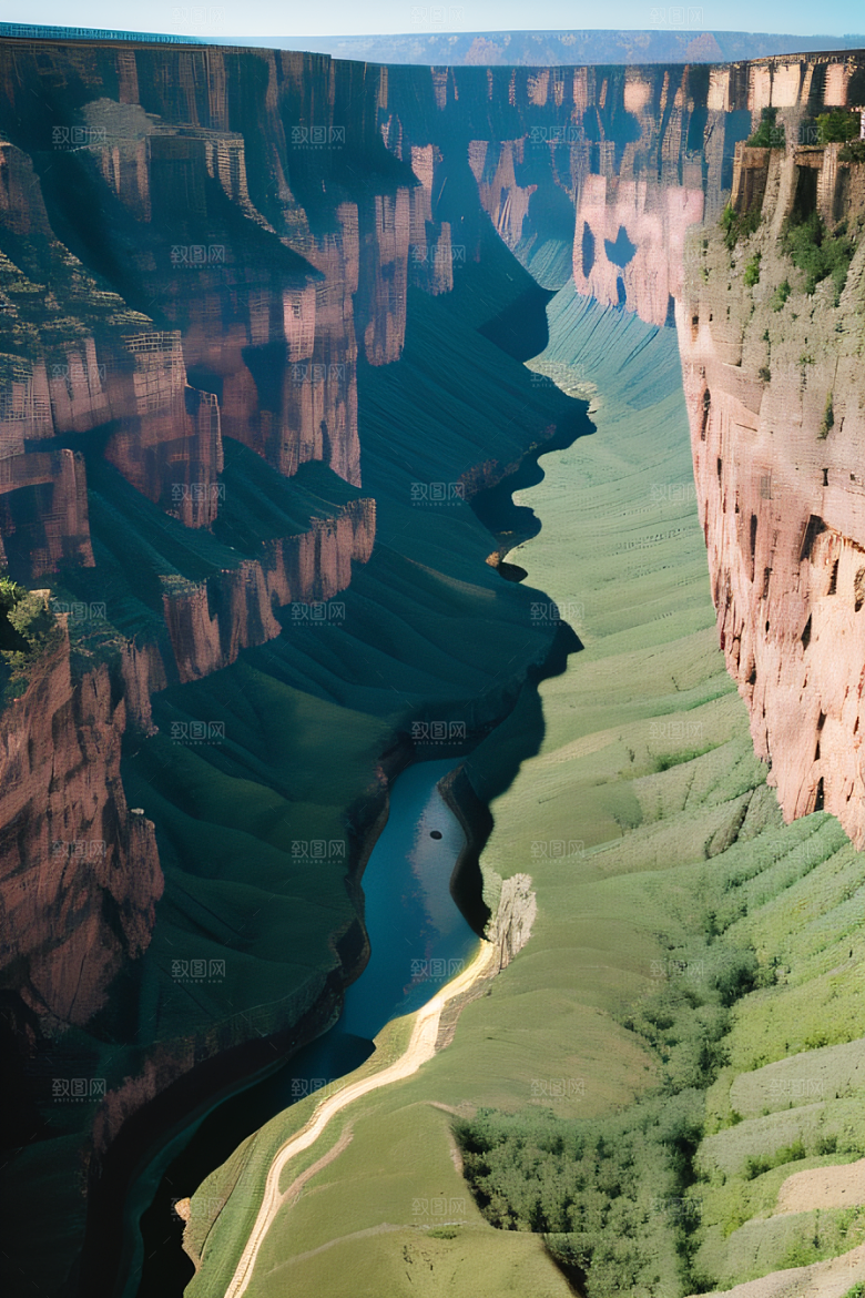 高空鸟瞰峡谷岩壁与绿树交相辉映