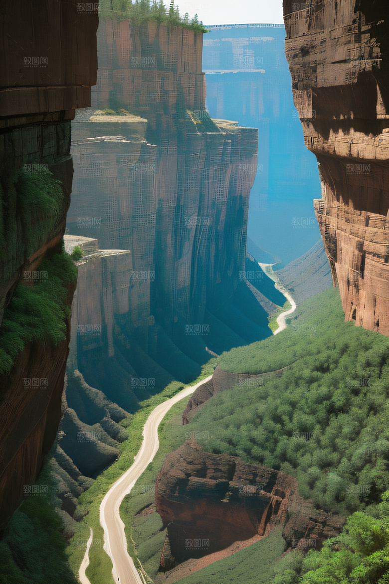 高空鸟瞰峡谷岩壁与绿树交相辉映