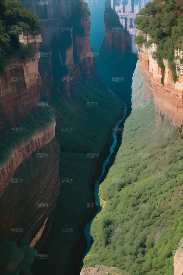 高空鸟瞰峡谷岩壁与绿树交相辉映