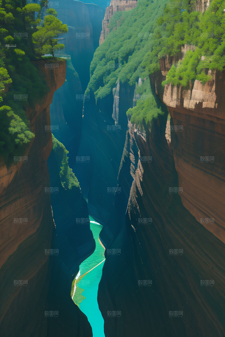 雄伟峡谷岩壁与树林交相辉映