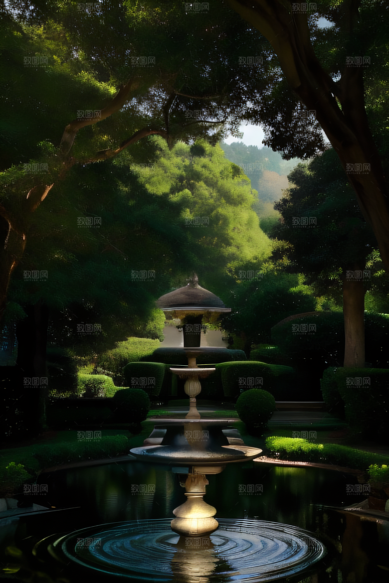 平静乡村大别墅教堂和精美喷泉的恬静画面