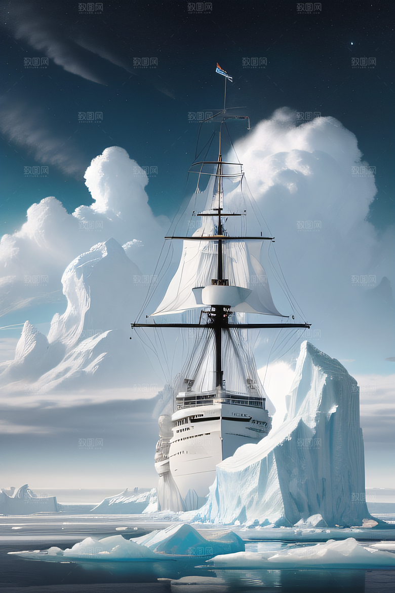 冰雪世界船只穿越北极冰海壮丽景色