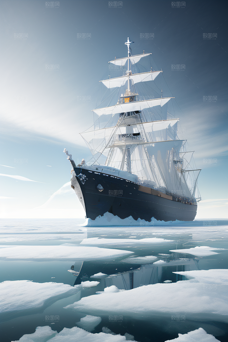 冰雪世界船只穿越北极冰海壮丽景色