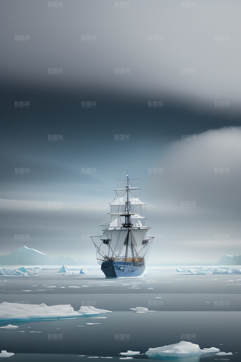 冰雪世界船只穿越北极冰海壮丽景色
