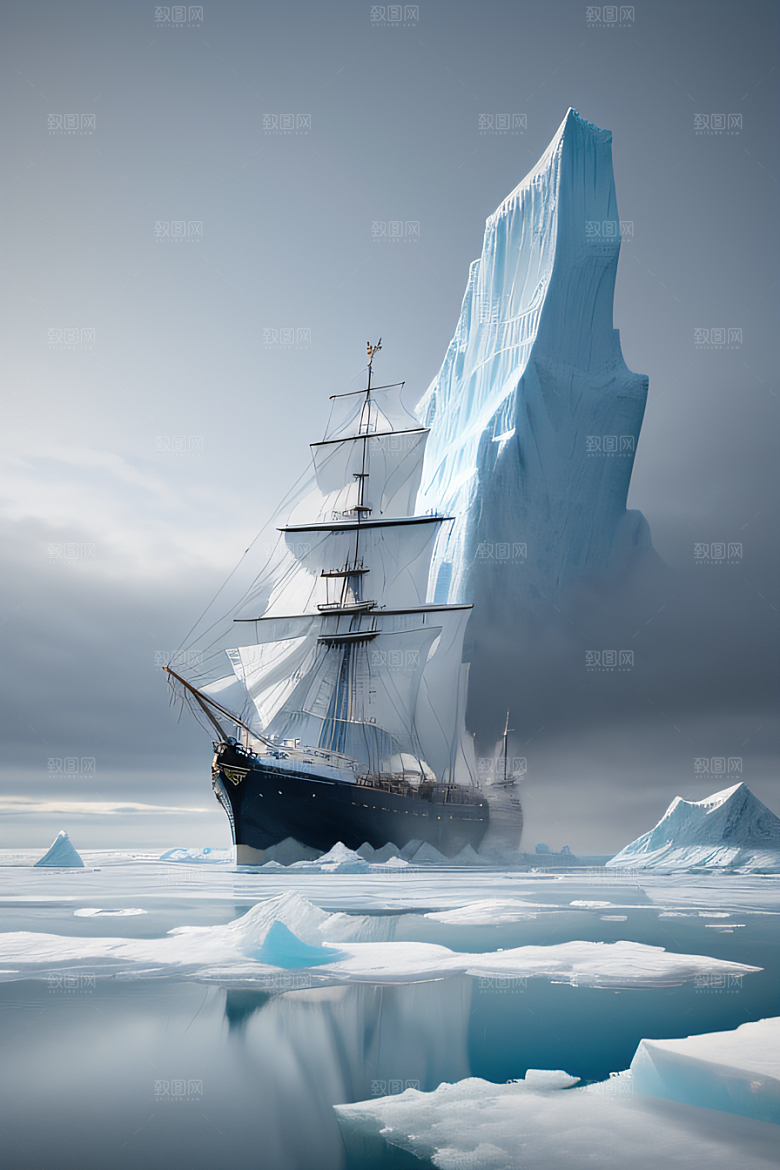 冰雪世界船只穿越北极冰海壮丽景色