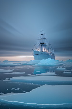 冰海之旅船只翻越冰山蔚蓝大海