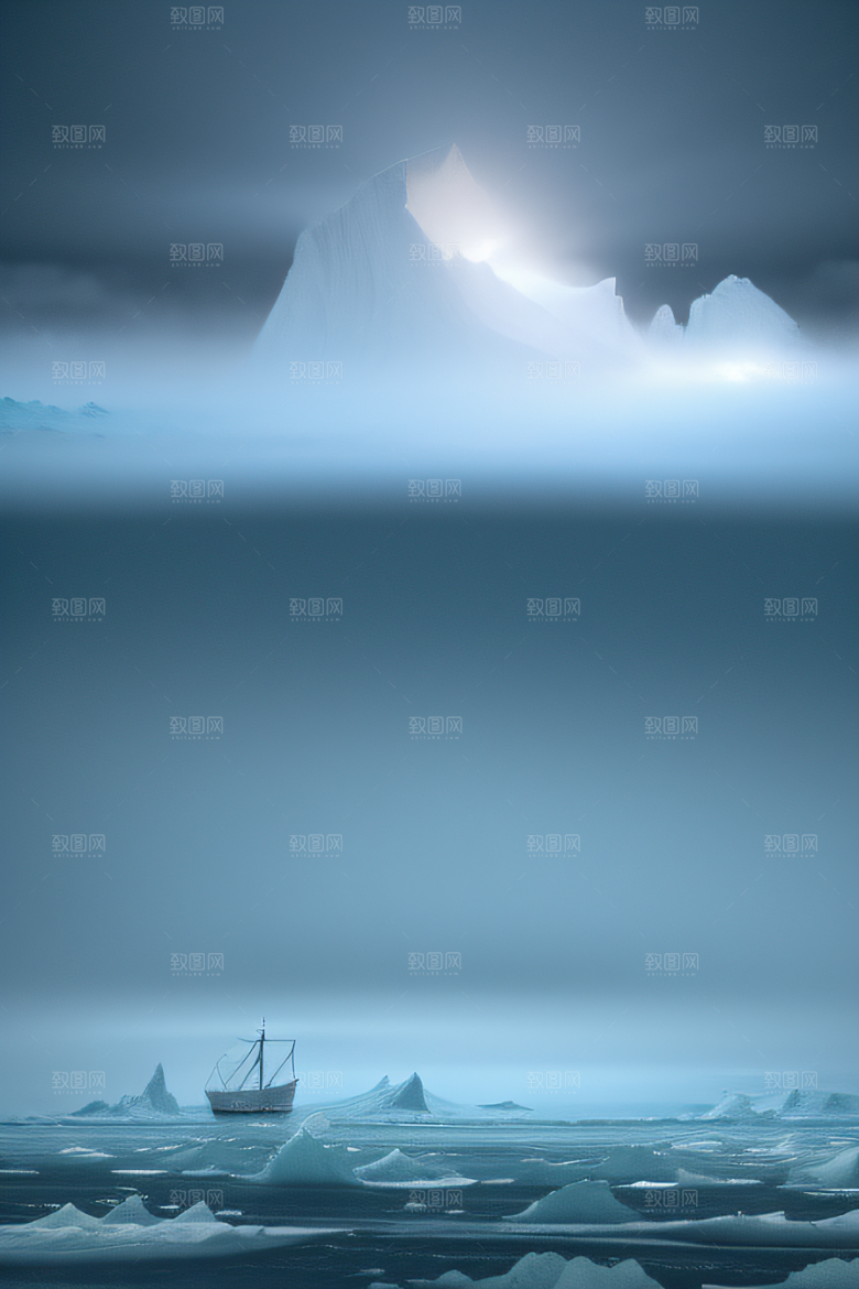 冰海之旅船只翻越冰山蔚蓝大海