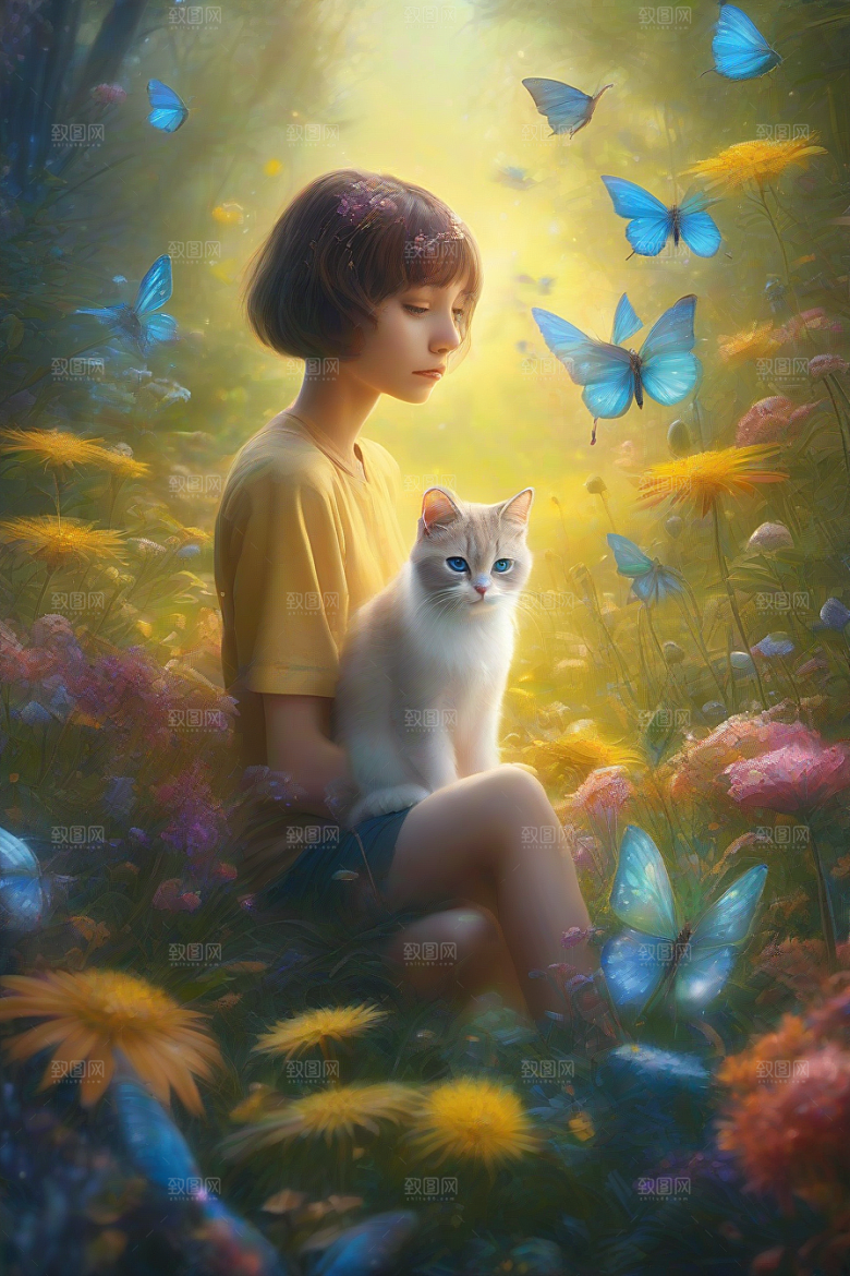 梦幻星球的仙灵猫咪与多彩翅膀小精灵