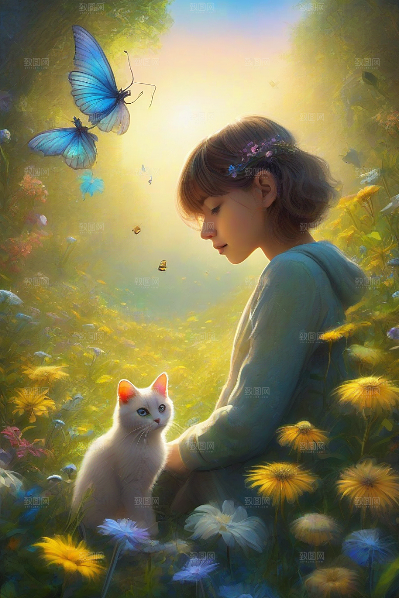 梦幻星球的仙灵猫咪与多彩翅膀小精灵