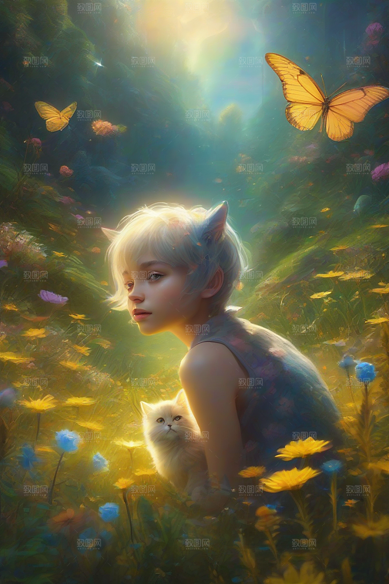 梦幻星球的仙灵猫咪与多彩翅膀小精灵