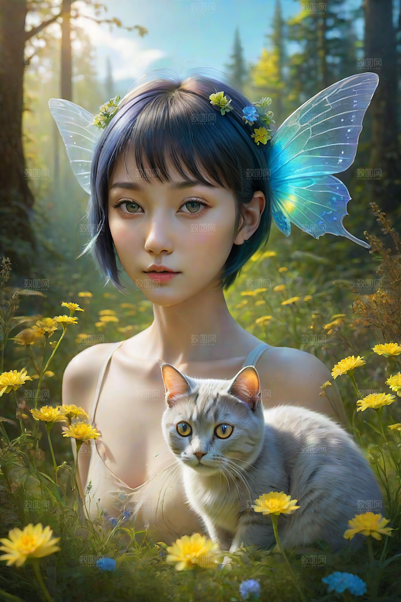 梦幻星球的仙灵猫咪与多彩翅膀小精灵