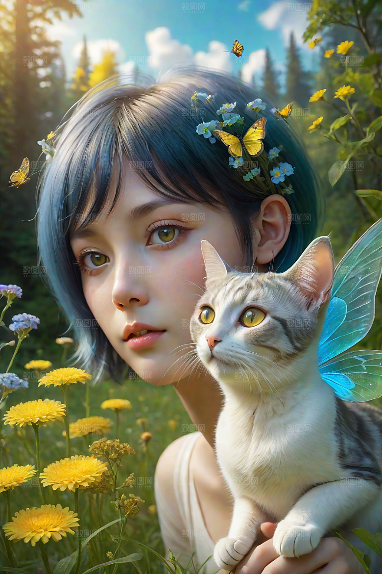 梦幻星球的仙灵猫咪与多彩翅膀小精灵