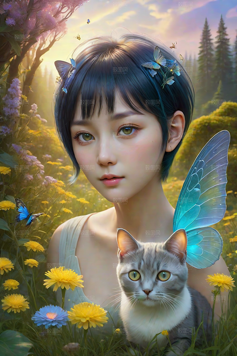 梦幻星球的仙灵猫咪与多彩翅膀小精灵