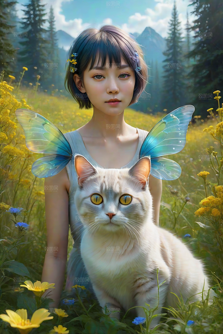 梦幻星球的仙灵猫咪与多彩翅膀小精灵