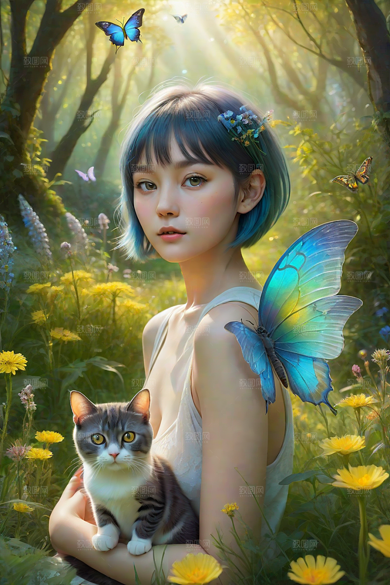 梦幻星球的仙灵猫咪与多彩翅膀小精灵
