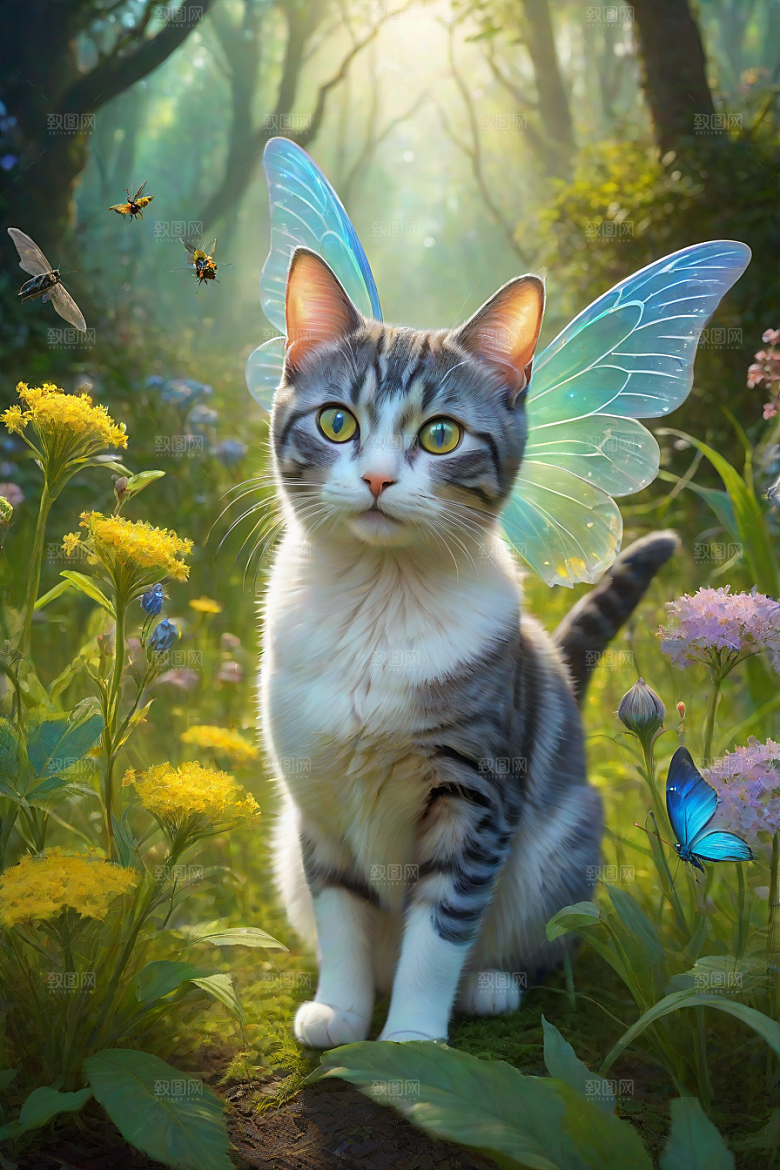 梦幻星球的仙灵猫咪与多彩翅膀小精灵