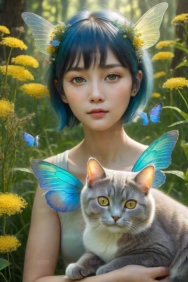 梦幻星球的仙灵猫咪与多彩翅膀小精灵
