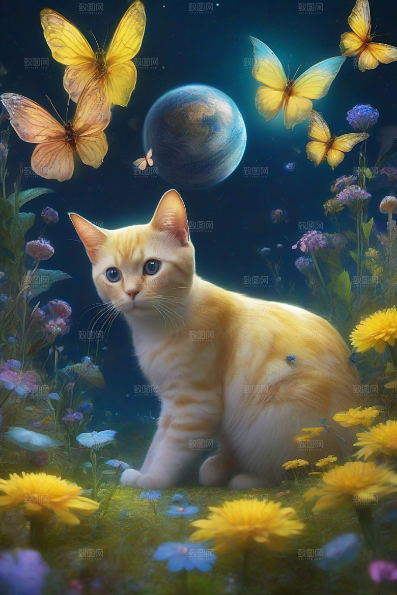 梦幻星球的仙灵猫咪与多彩翅膀小精灵