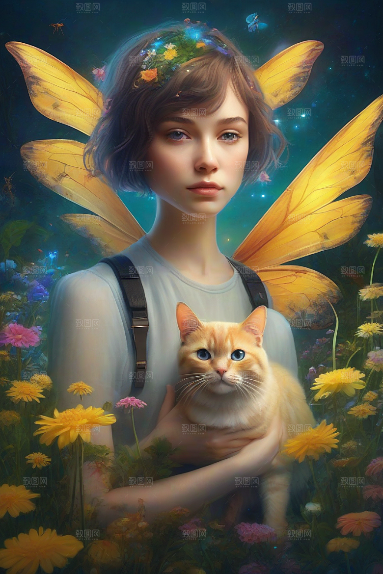 梦幻星球的仙灵猫咪与多彩翅膀小精灵