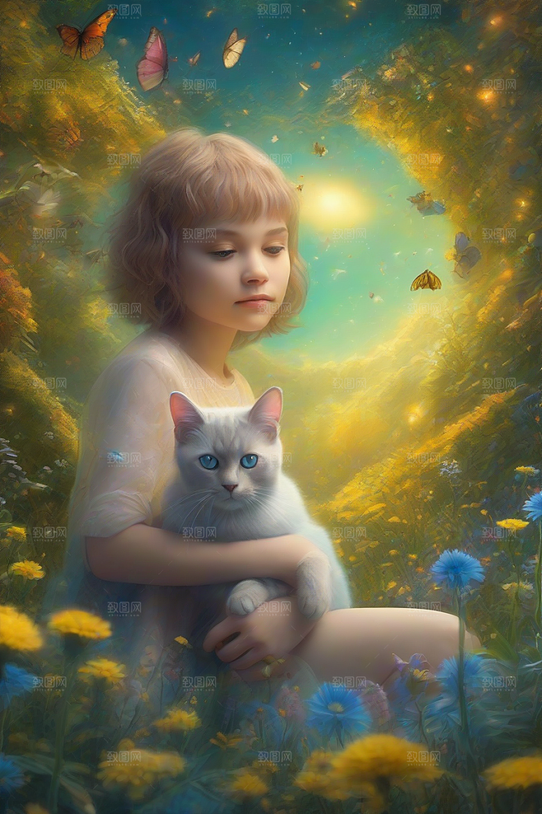 梦幻星球的仙灵猫咪与多彩翅膀小精灵