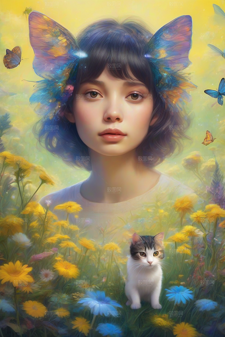 梦幻星球的仙灵猫咪与多彩翅膀小精灵