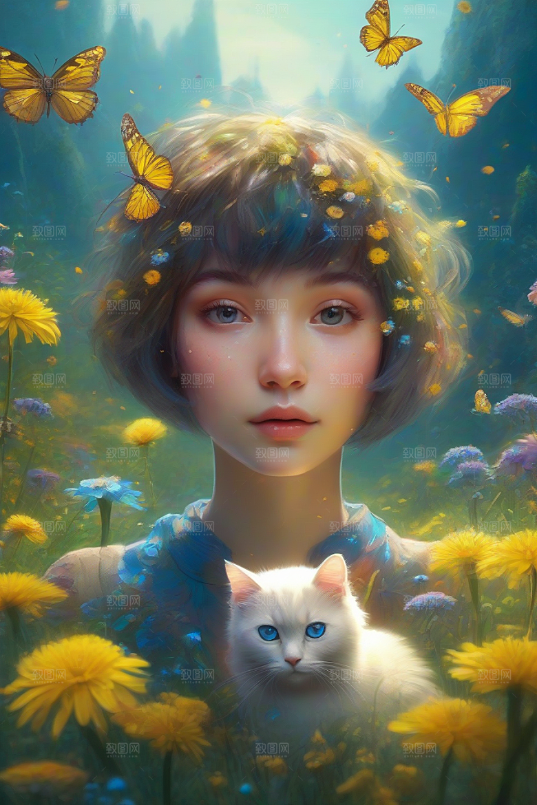 梦幻星球的仙灵猫咪与多彩翅膀小精灵