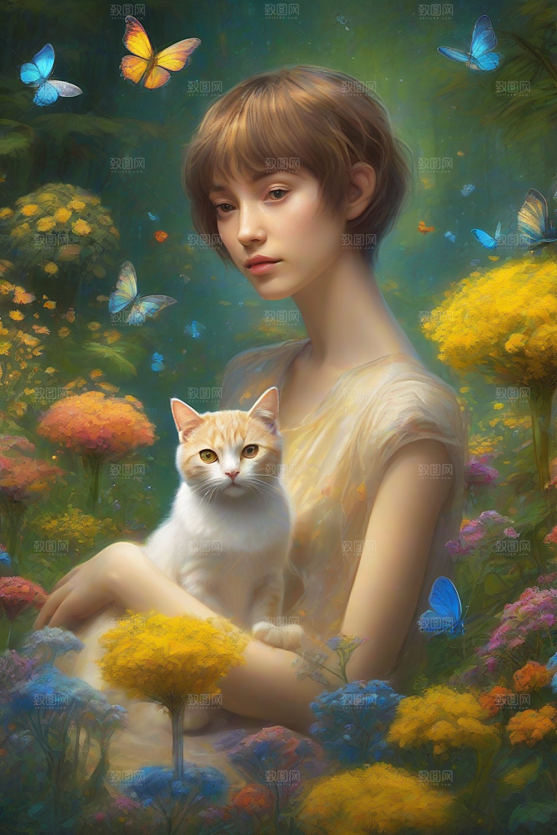 梦幻星球的仙灵猫咪与多彩翅膀小精灵