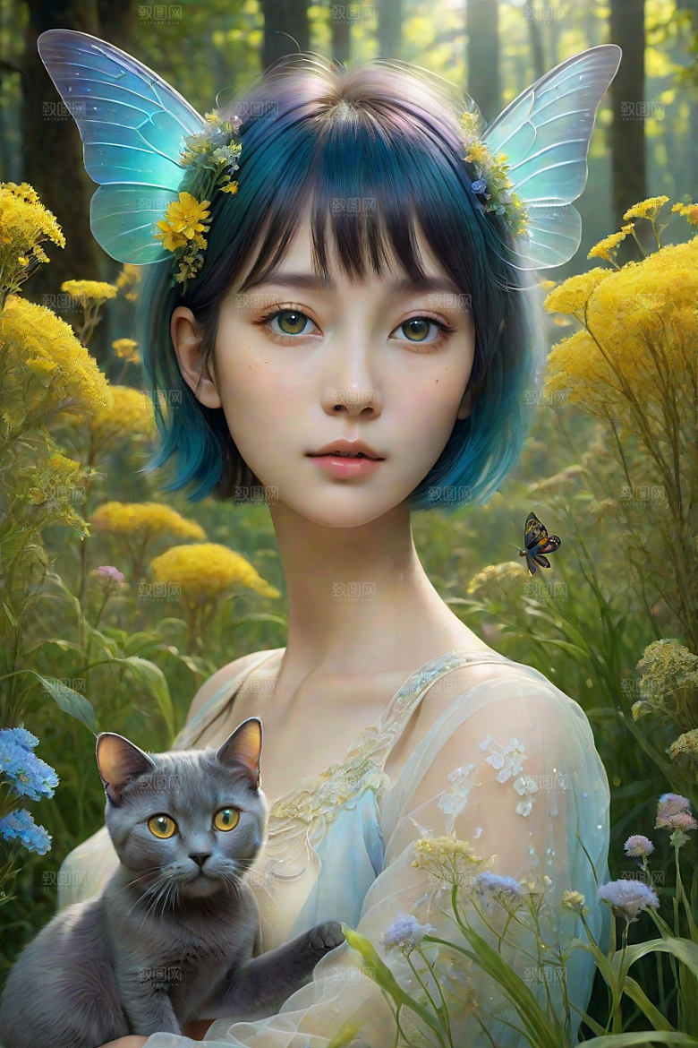 仙灵猫咪在奇幻星球的森林中休憩