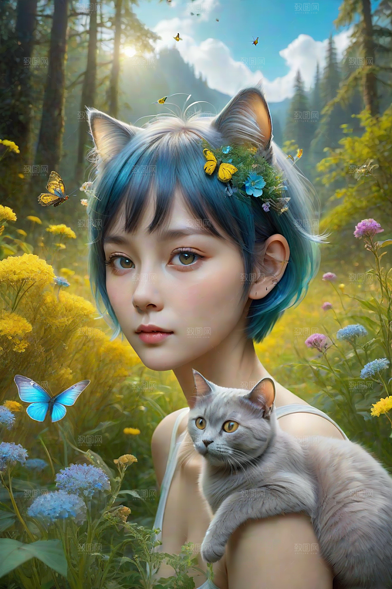 仙灵猫咪在奇幻星球的森林中休憩
