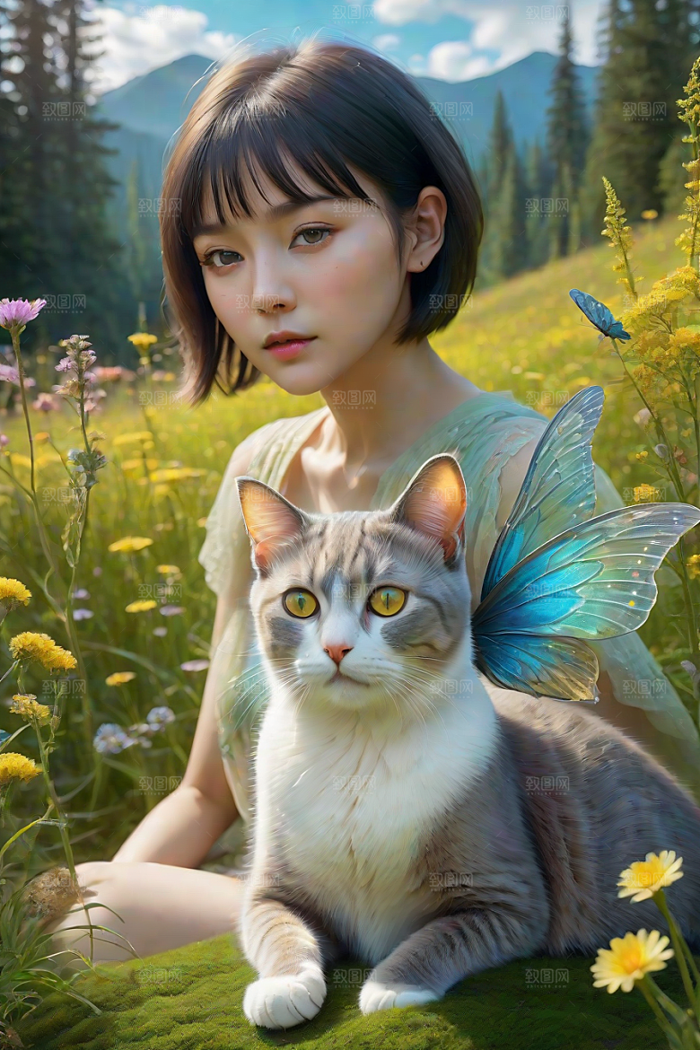 仙灵猫咪在奇幻星球的森林中休憩