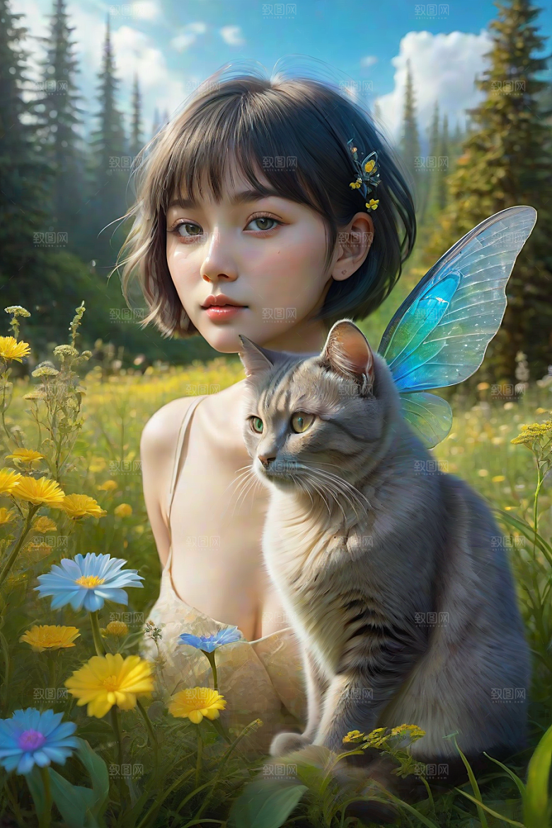 仙灵猫咪在奇幻星球的森林中休憩