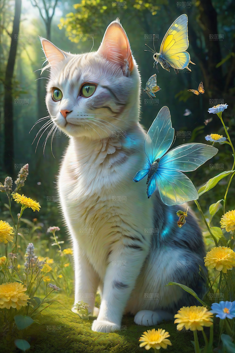 仙灵猫咪在奇幻星球的森林中休憩
