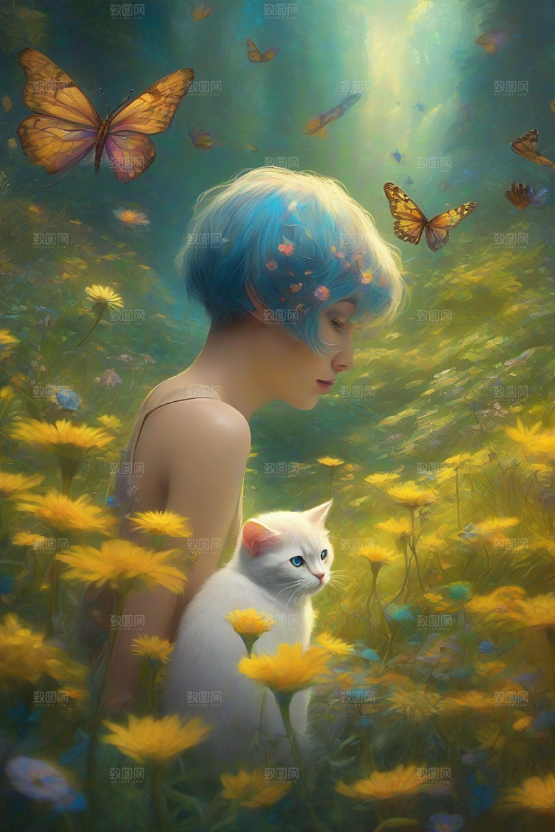仙灵猫咪在奇幻星球的森林中休憩