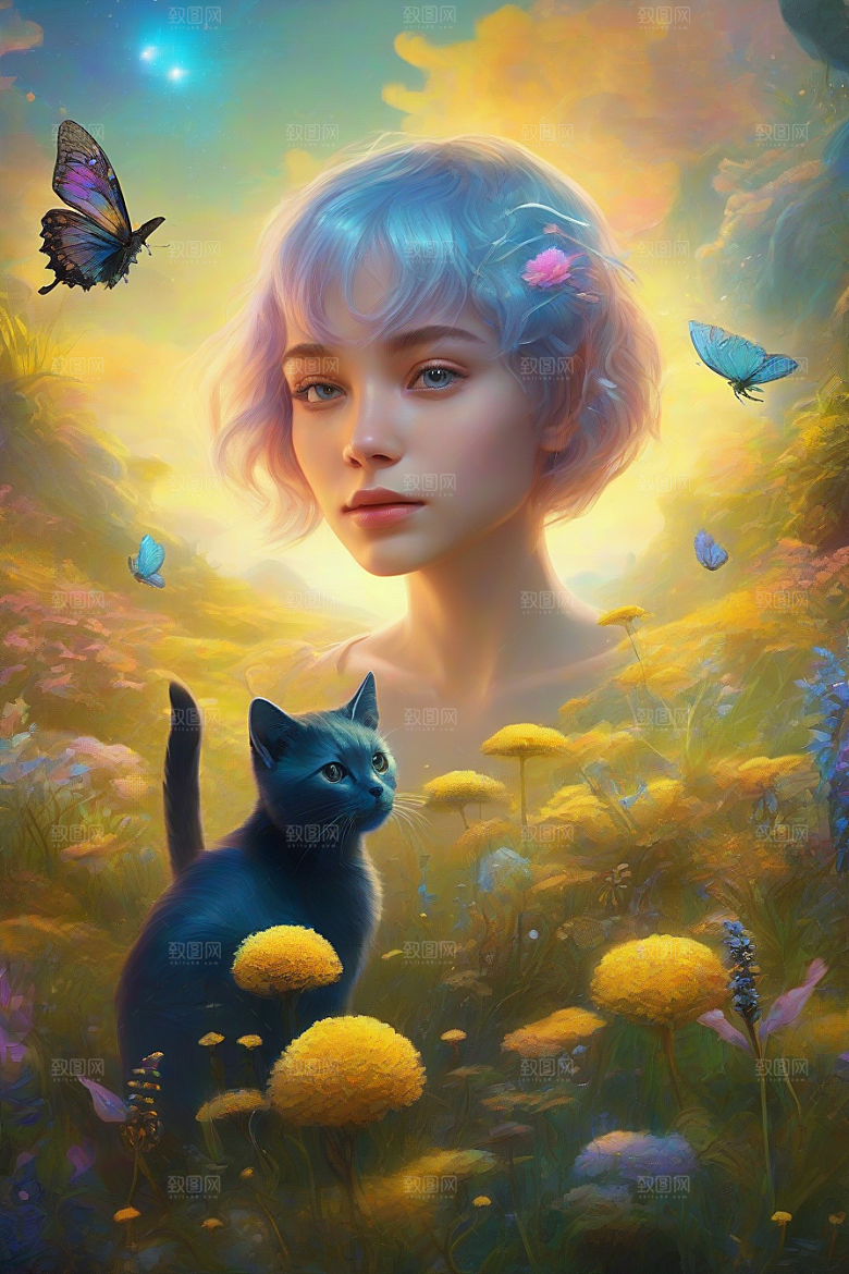 仙灵猫咪在奇幻星球的森林中休憩