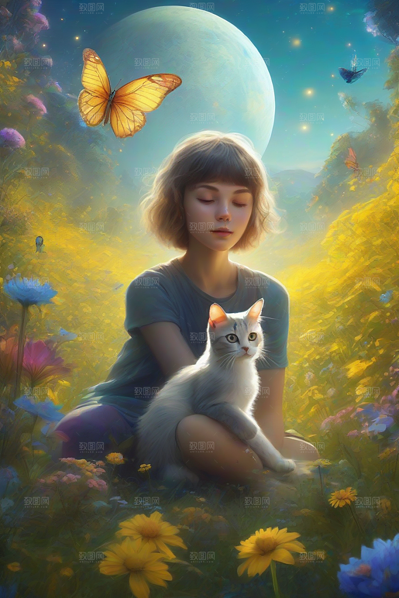 仙灵猫咪在奇幻星球的森林中休憩