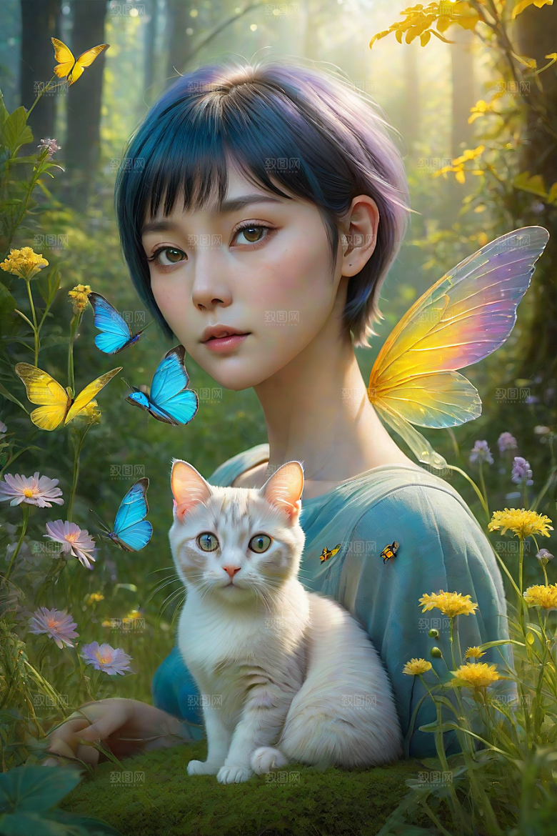 仙灵猫咪在奇幻星球的森林中休憩